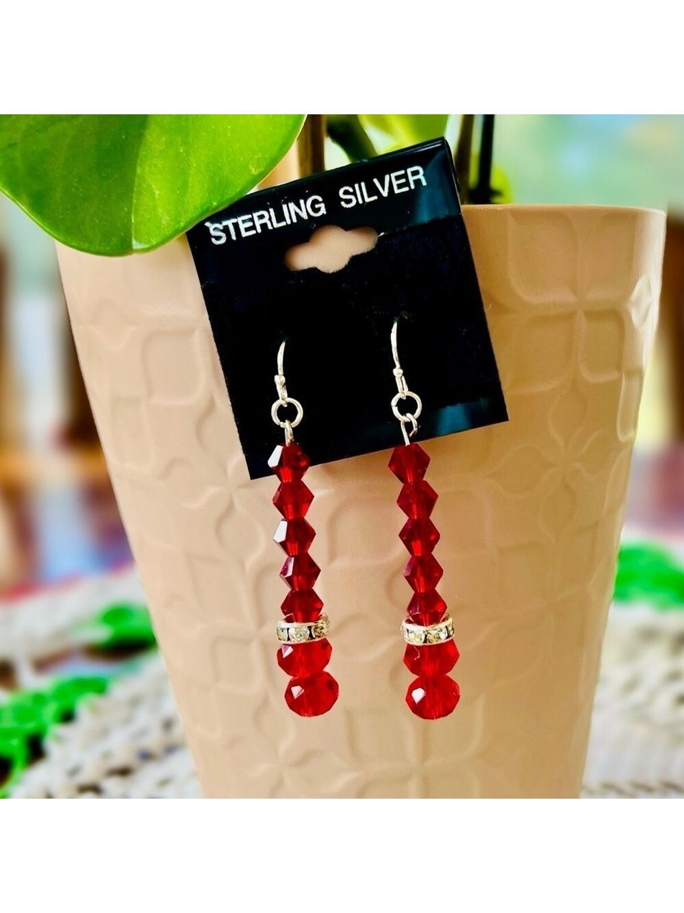 Handcrafted S925 Sterling Silver Stamped Red Glass Bead Dangle Earrings